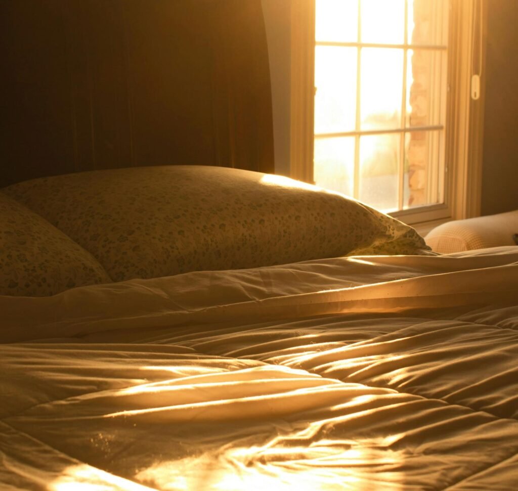 Cozy bed with warm lighting for relaxation